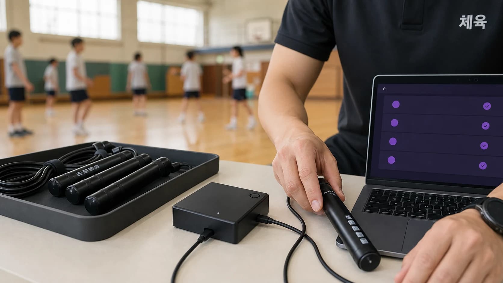 교사용 PC, USB 게이트웨이, 여러 스마트 줄넘기로 구성된 연결 환경