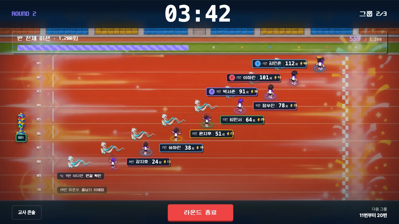 학생들의 점프 기록이 캐릭터 레이스로 표시되는 JUMPITNOW 수업 화면