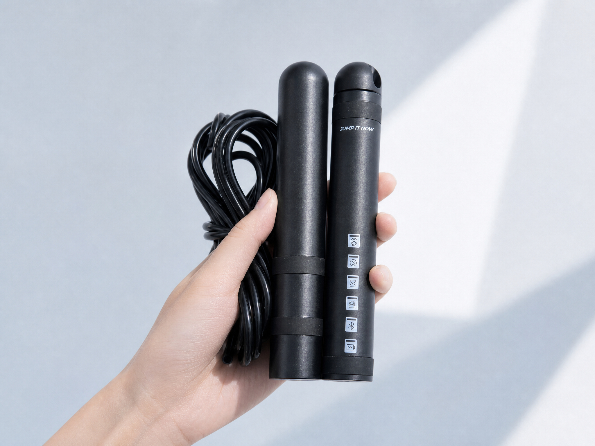 스마트 손잡이와 보조 손잡이를 함께 든 실제 줄넘기 제품